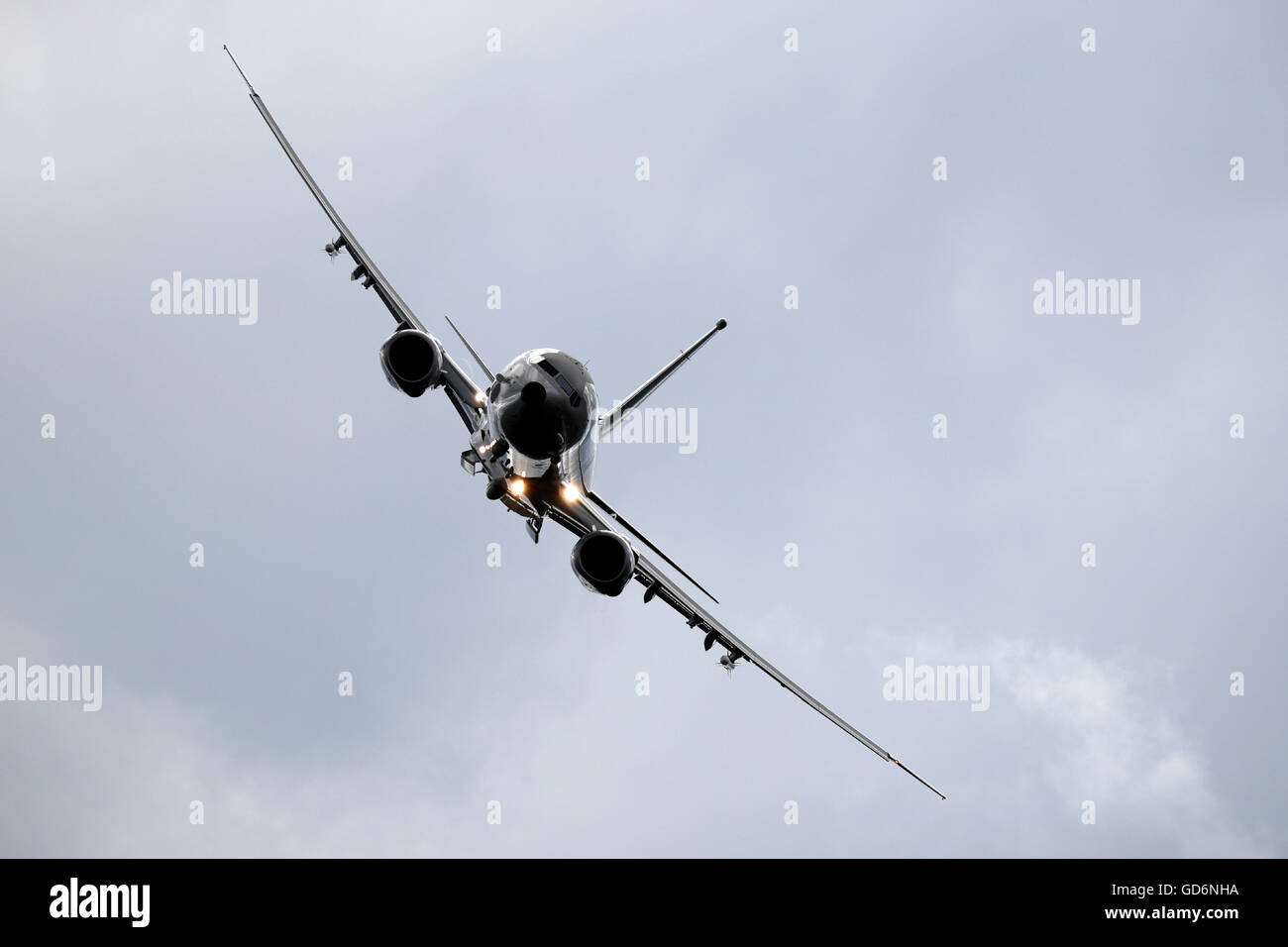 Boeing P-8A Poseidon Maritime Patrol Aircraft flies during The Farnborough Airshow 2016 Stock Photo