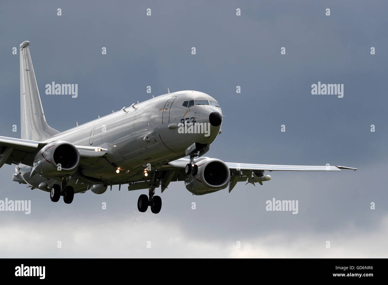 Boeing P-8A Poseidon Maritime Patrol Aircraft flies during The Farnborough Airshow 2016 Stock Photo