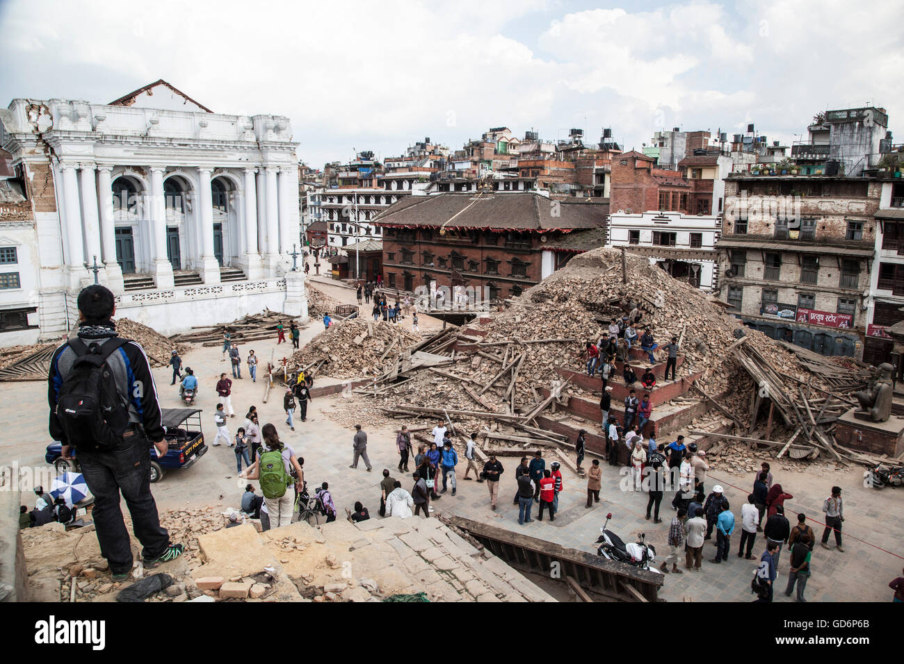 Overview of wrecked Basantapur Durbar Square. Nepal lost all of Her precious and historical monuments to earthquake. Stock Photo