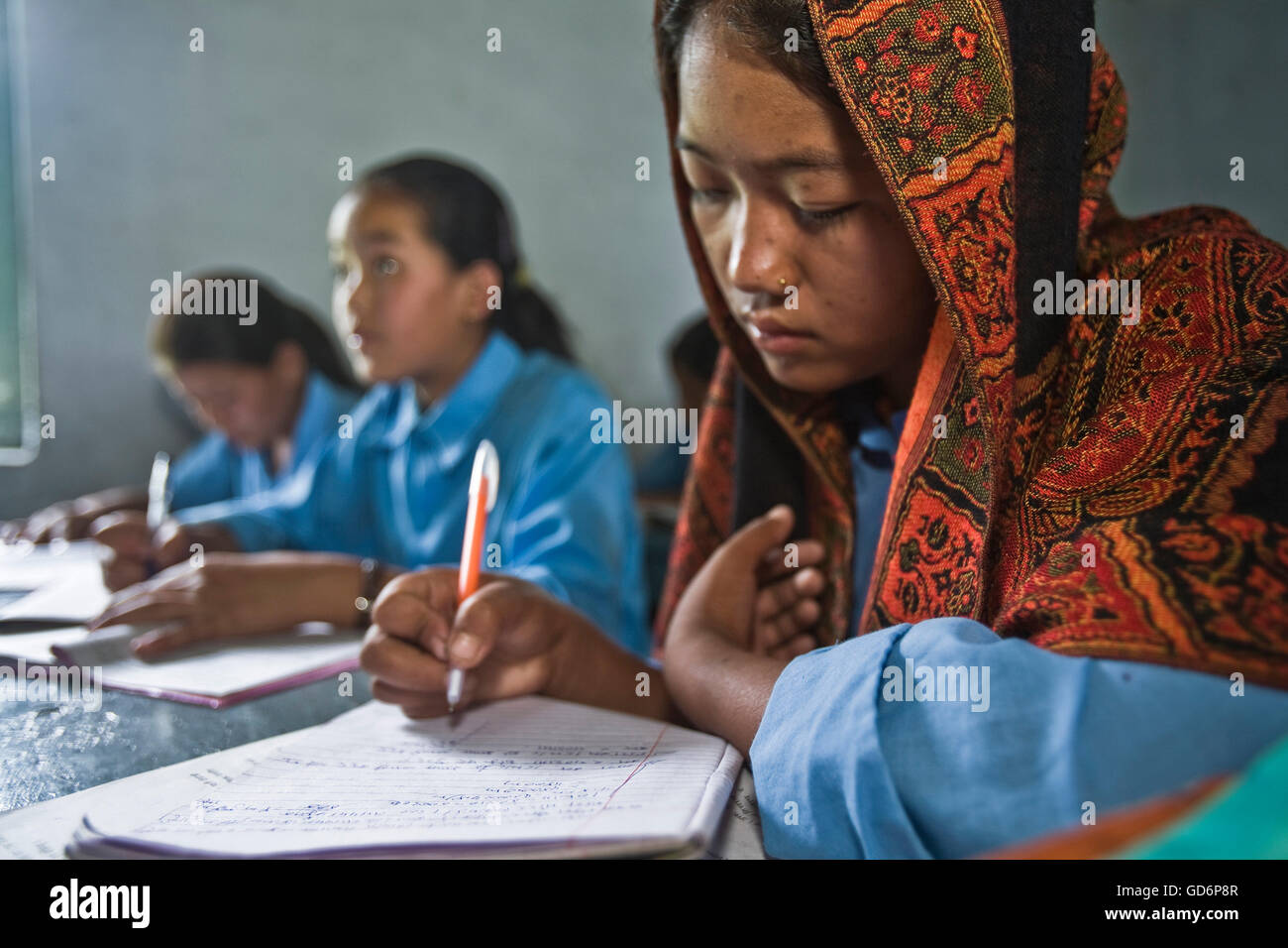 Eighth graders giving science test. Sri Tribhuwan Secondary School. Lamjung, Nepal. Stock Photo