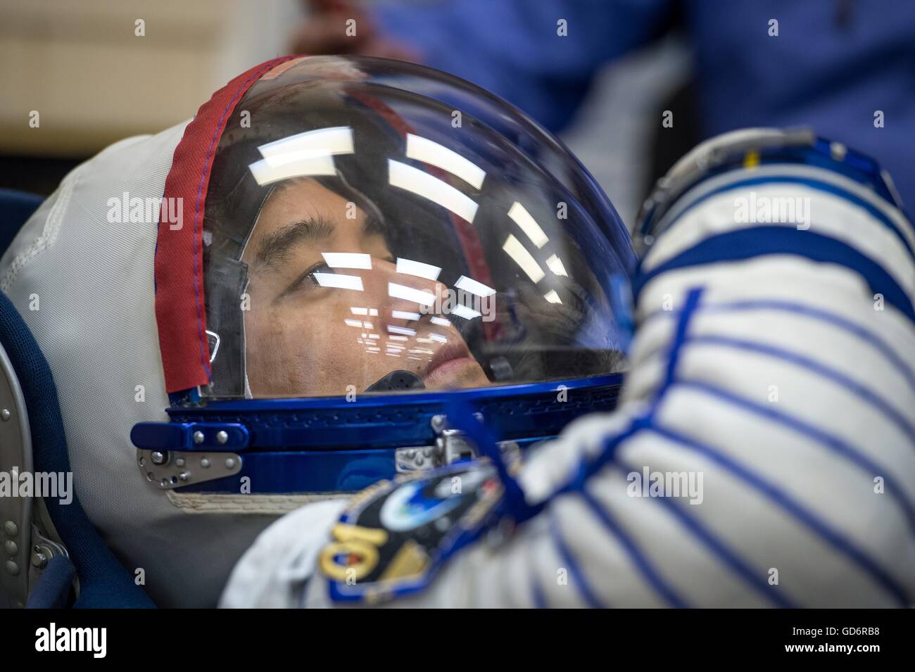 International Space Station Expedition 48 Japanese astronaut Takuya Onishi is suited up in his Russian Sokol launch and entry suit in preparation for launch July 7, 2016 at the Baikonur Cosmodrome in Kazakhstan. Rubens joins crew members Russian cosmonaut Anatoly Ivanishin and Japanese astronaut Takuya Onishi on four-month mission. Stock Photo