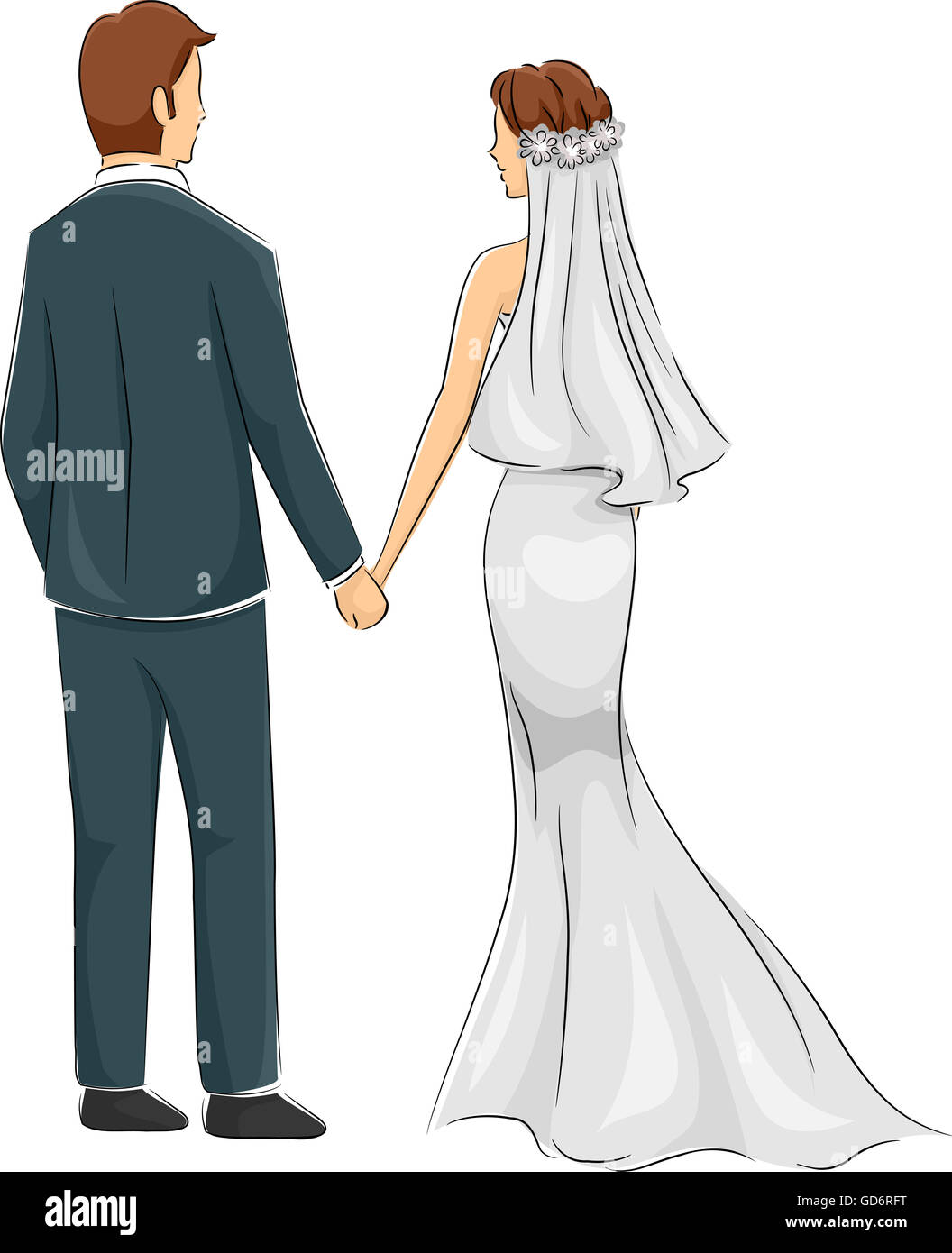 Back View Illustration of a Newly Married Couple Stock Photo