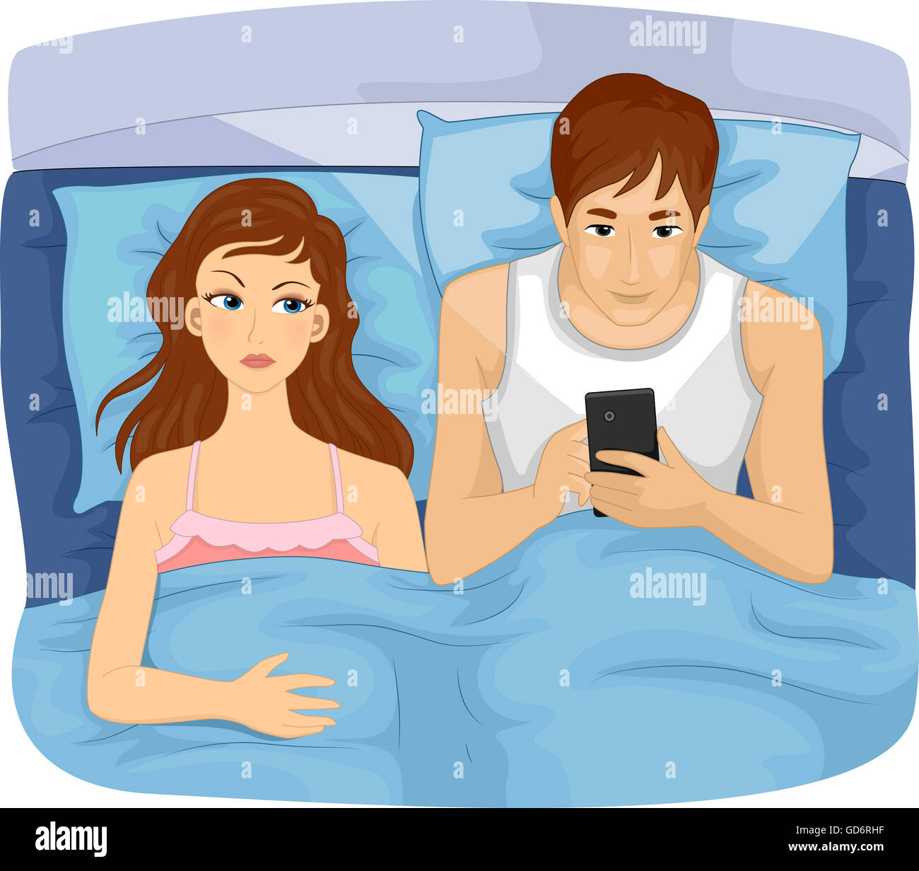 Illustration of an Irritated Wife Watching as Her Husband Fiddle with His Phone Stock Photo