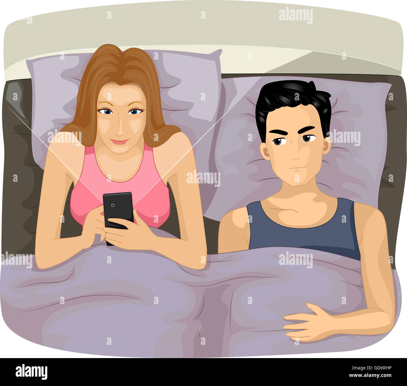 Illustration of an Irritated Husband Watching His Wife Fiddle with Her Phone Stock Photo