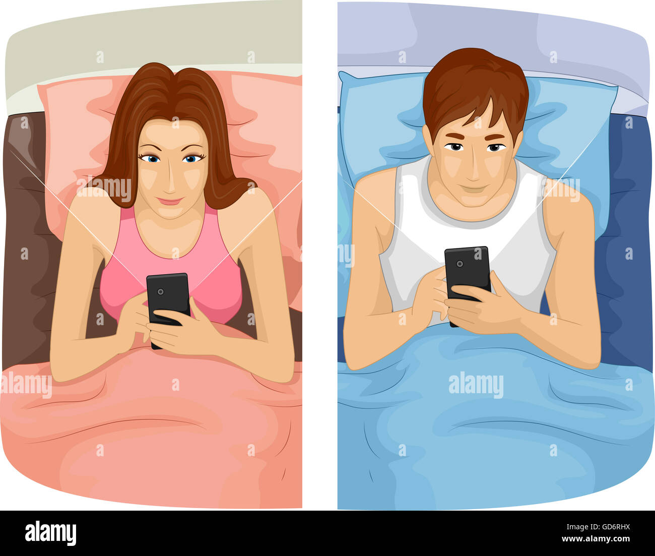 Illustration of a Young Couple Glued to Their Phones Stock Photo
