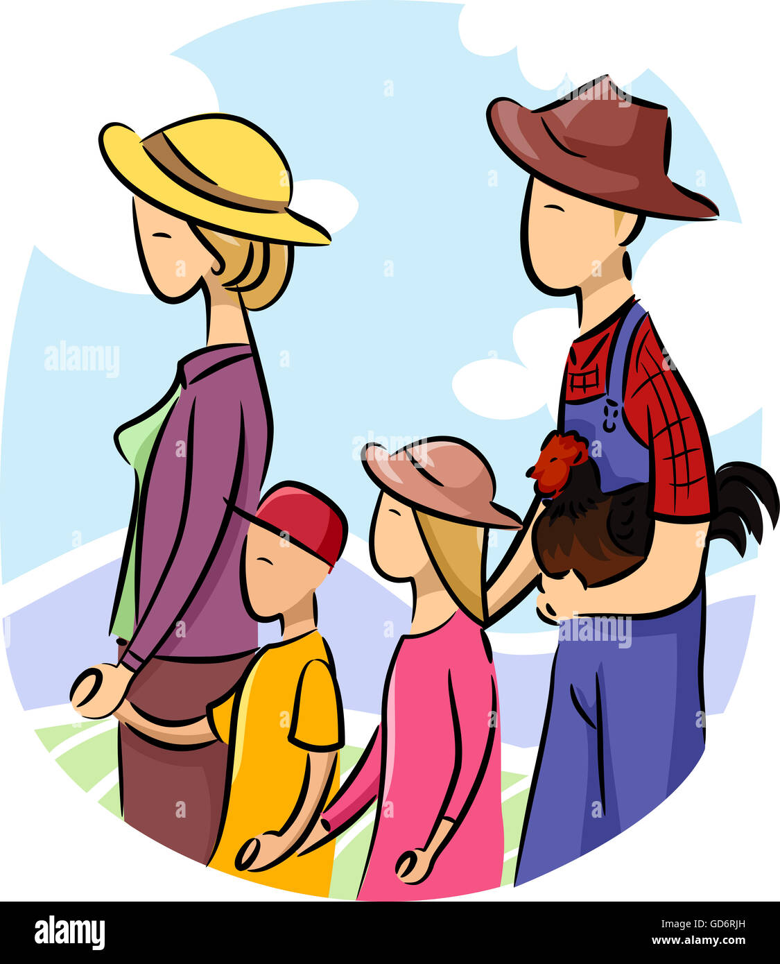 Illustration of a Family walking with Chicken Stock Photo