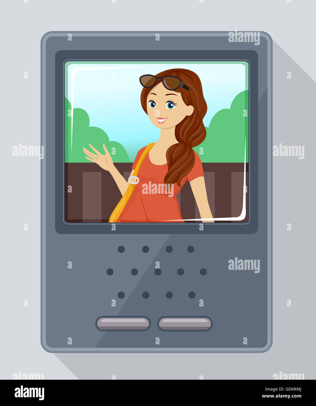 Illustration of a Teenage Girl Using an Intercom Stock Photo