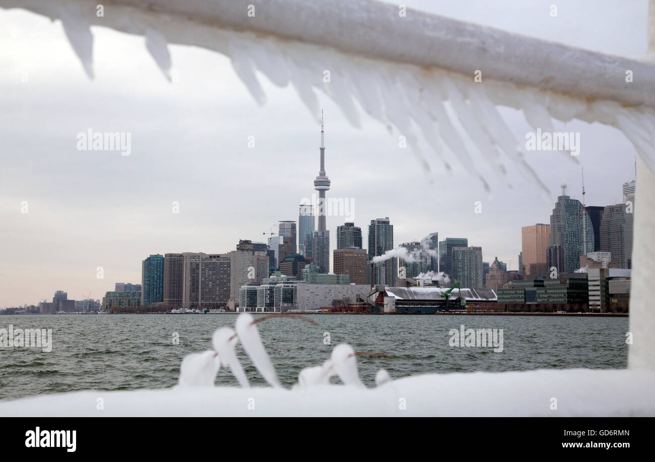 Toronto Polson Pier Winter ice storm skyline city Stock Photo
