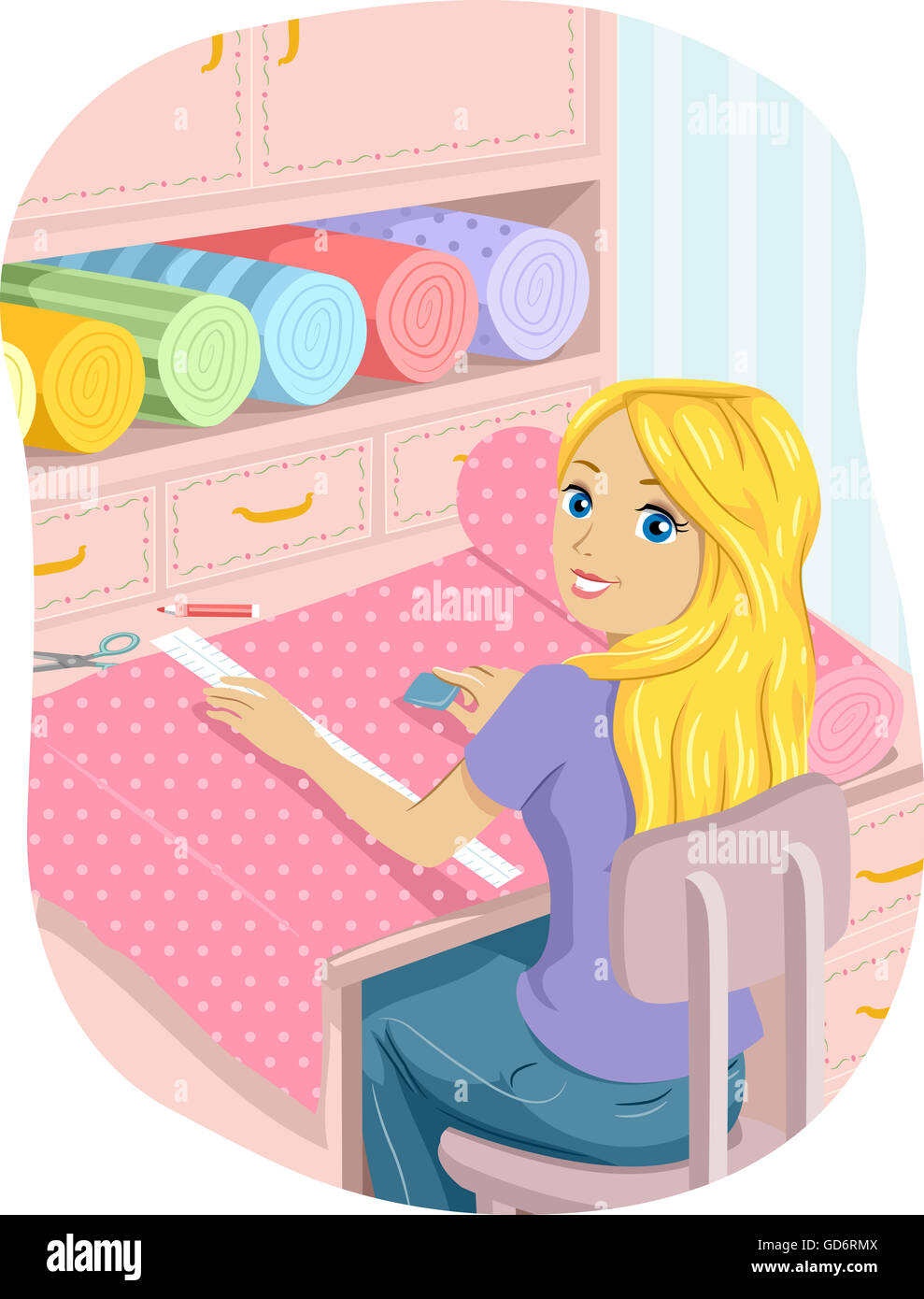 Illustration of a Teenage Girl Cutting Strips of Cloth Stock Photo