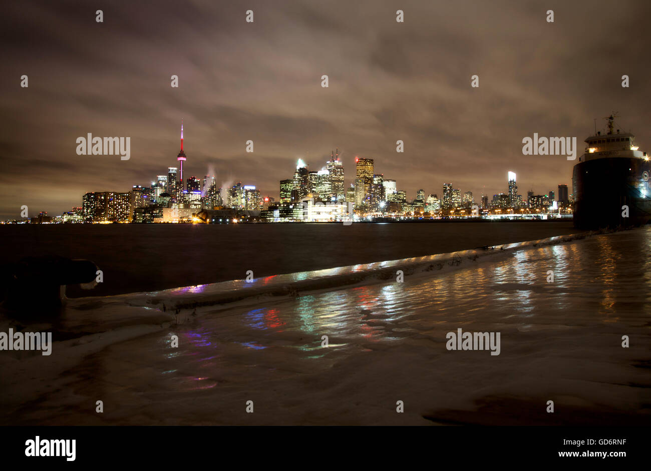 Toronto Polson Pier Winter ice storm skyline city Stock Photo
