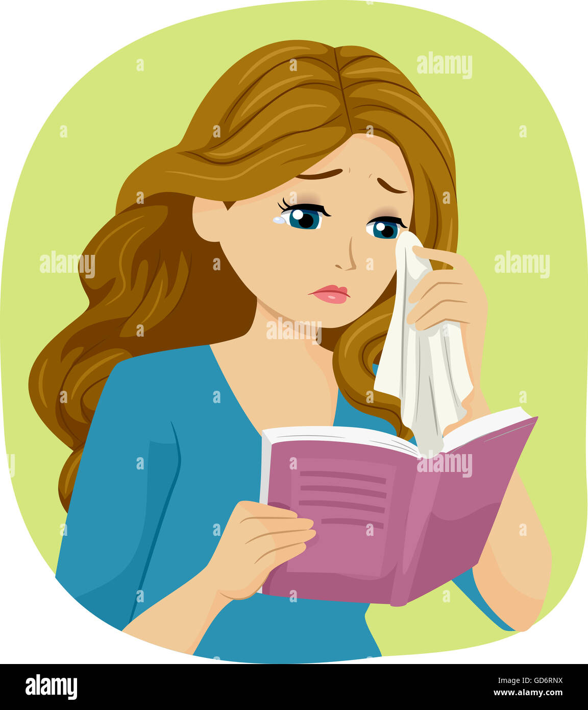 Illustration of a Teenage Girl Crying While Reading a Book Stock Photo