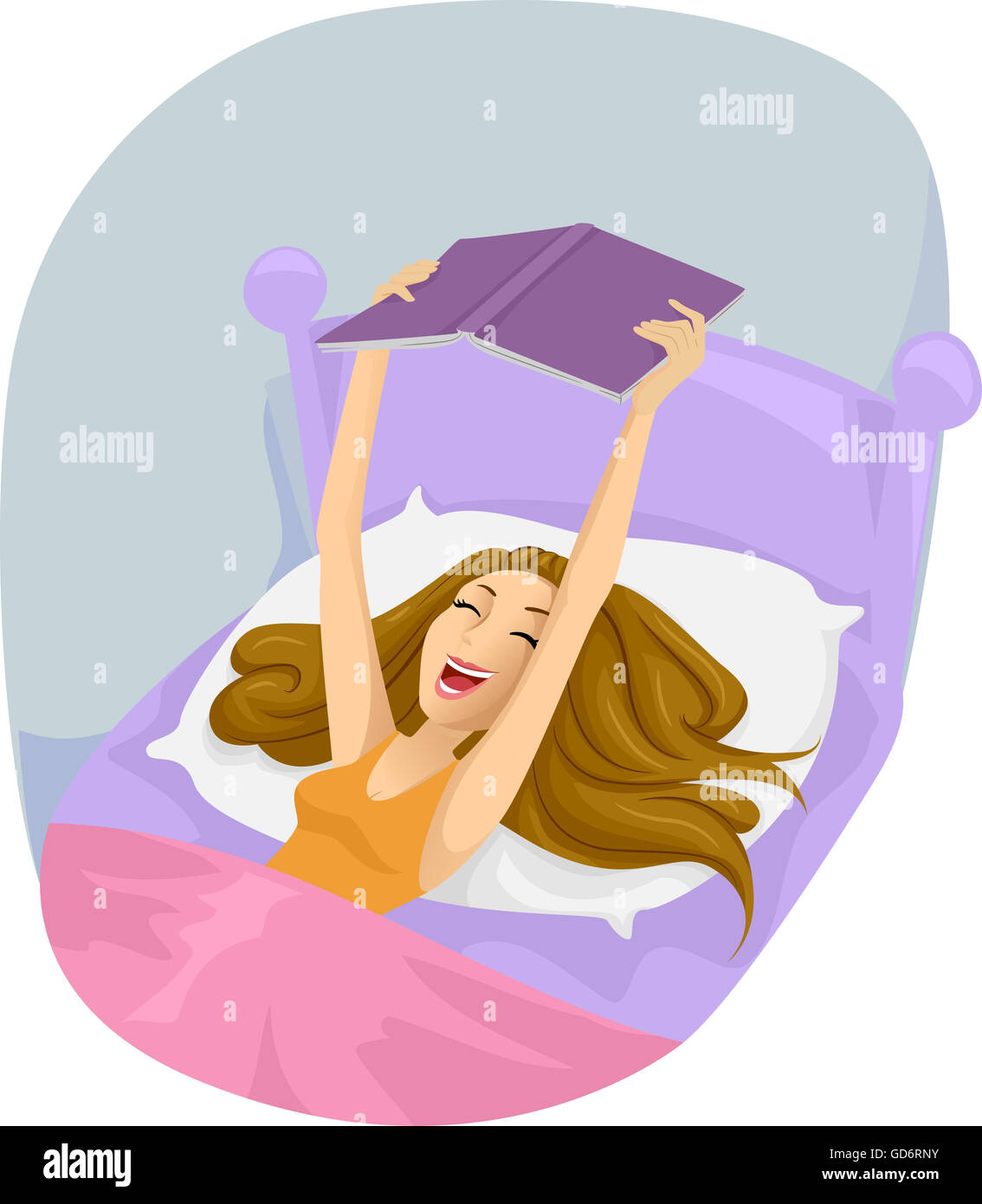 Illustration of a Teenage Girl Laughing While Reading a Book Stock Photo