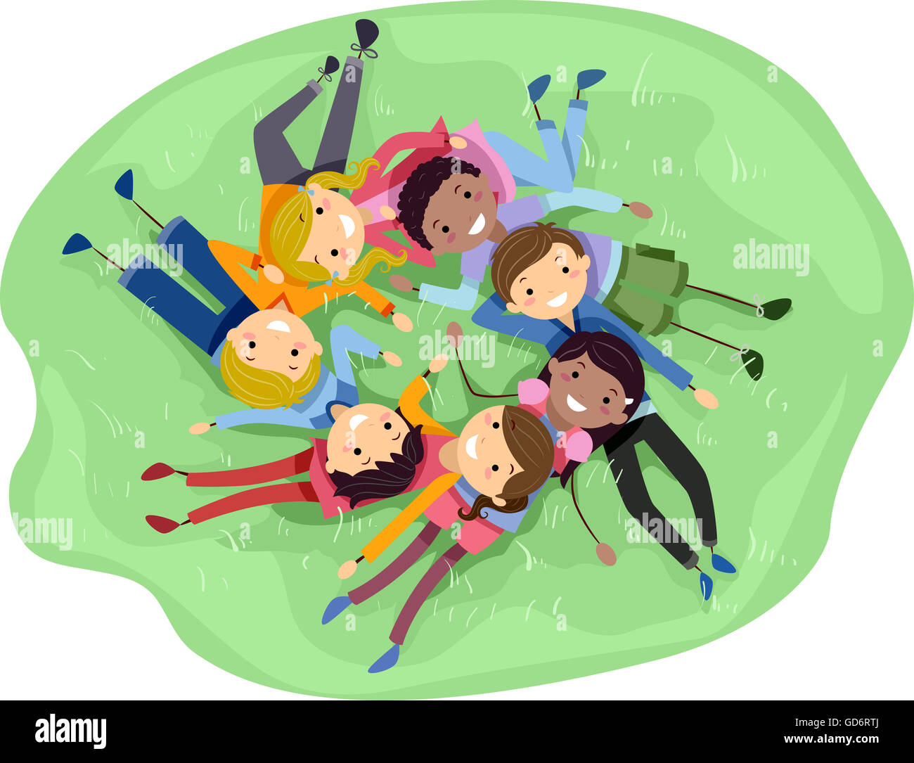 Stickman Illustration of a Diverse Group of Teens Lying on the Grass Stock Photo