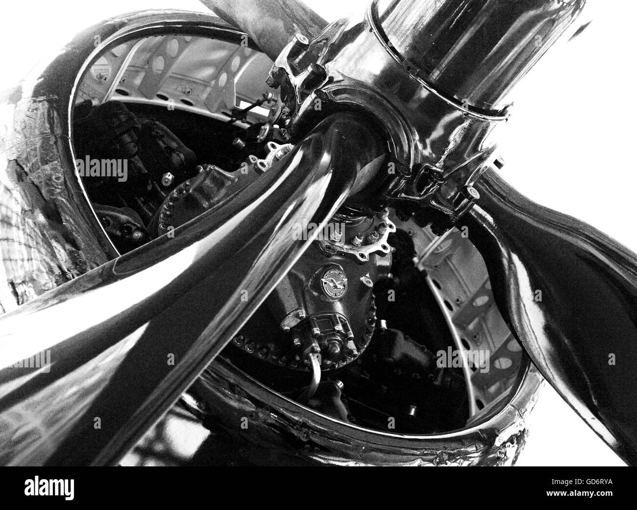 A monochrome (black and white) study of a vintage Pratt and Whitney propeller-style aircraft engine. Stock Photo