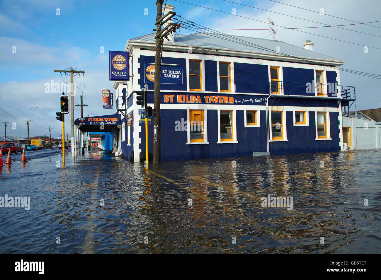 St Kilda Tavern during South Dunedin floods, Dunedin, South Island, New Zealand Stock Photo
