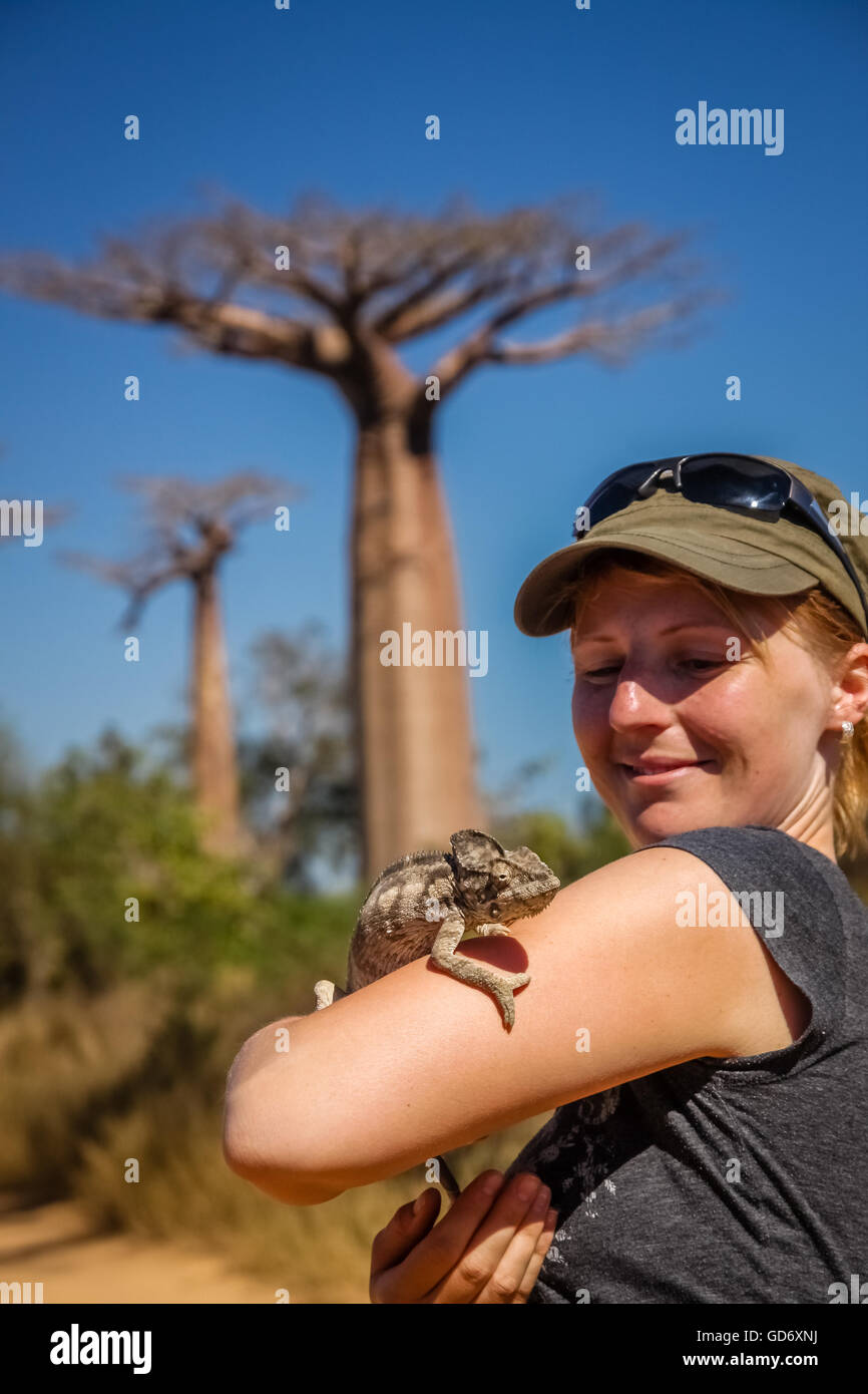 Girl and chameleon in the Avenida de Baobab in Madagascar Stock Photo