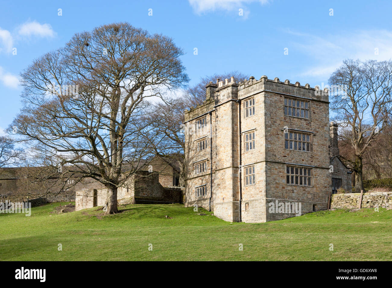 A Grade II listed 16th Century Tower House. North Lees Hall, near Hathersage, Derbyshire, Peak District, England, UK Stock Photo