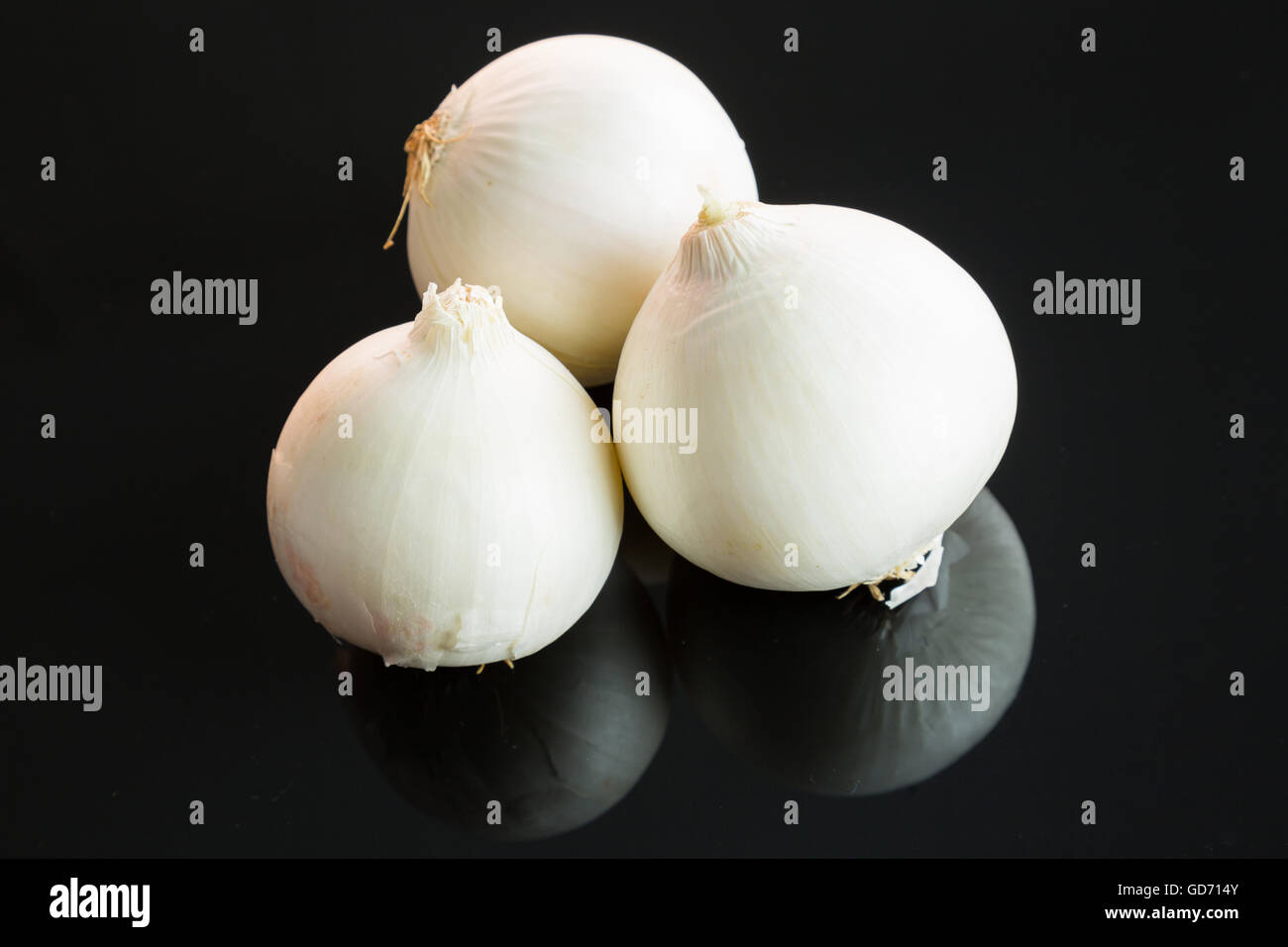 Three whole fresh raw white onions on a reflective black background
