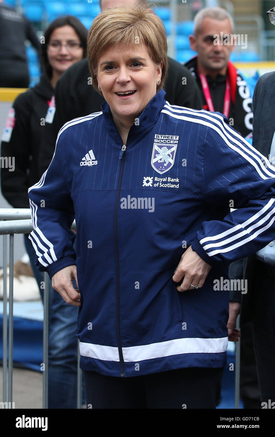 First Minister Nicola Sturgeon wears a Scotland team tracksuit top at the Homeless World Cup in George Square, Glasgow. Stock Photo
