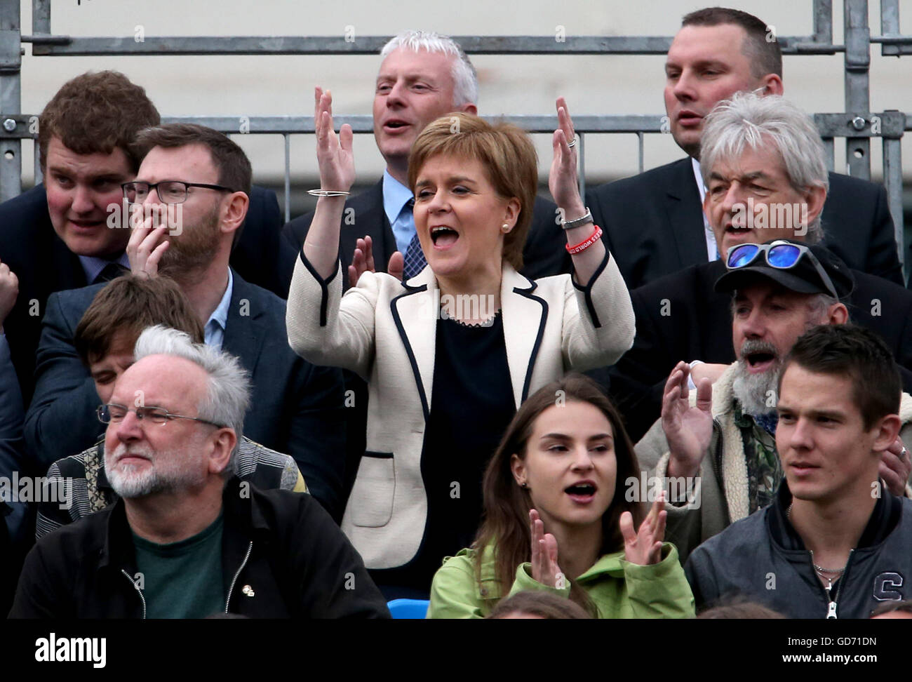 First Minister Nicola Sturgeon watches a match between the Scotland women and the Netherlands women at the Homeless World Cup in George Square, Glasgow. Stock Photo