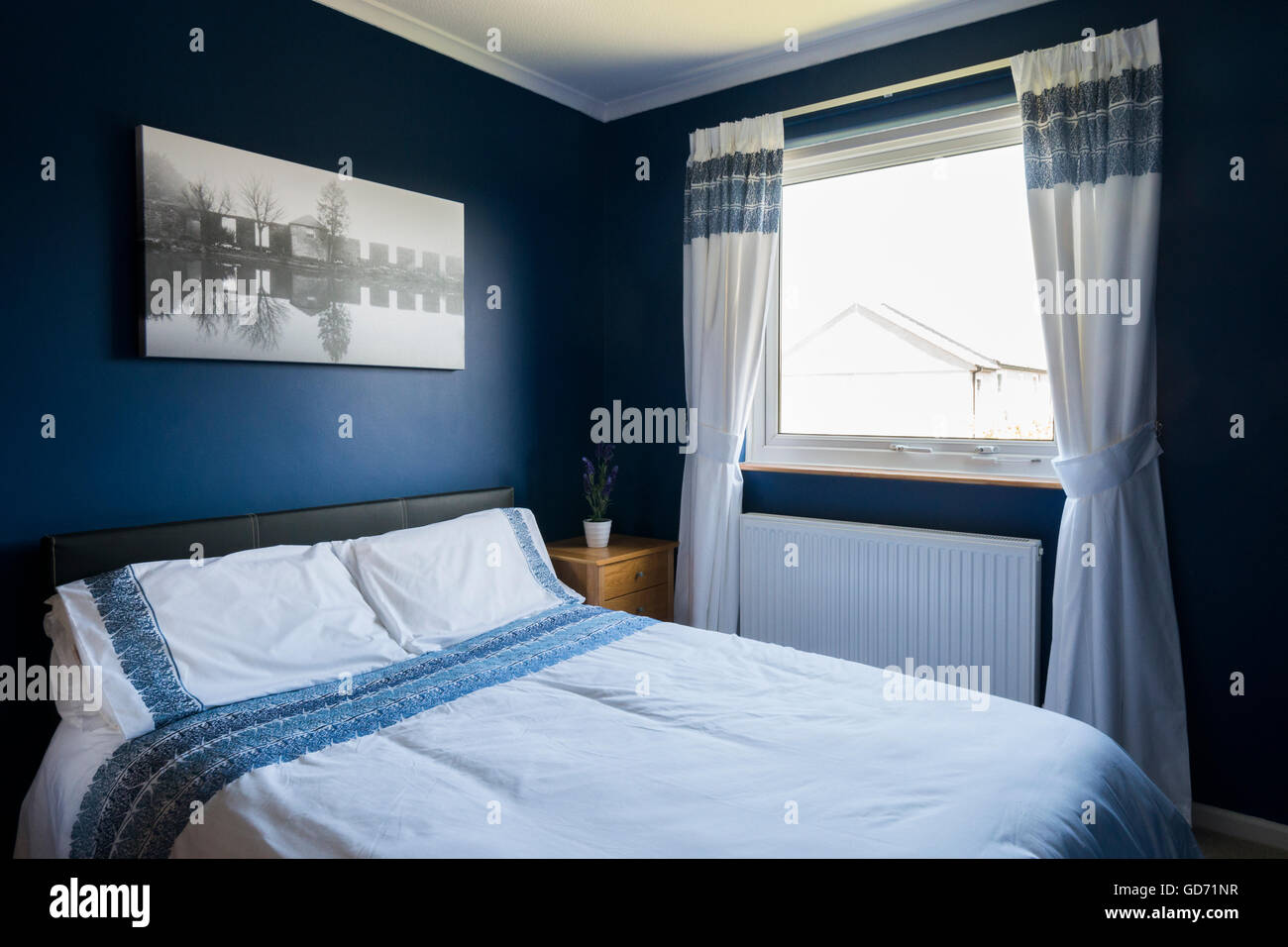 A dark blue and white bedroom Stock Photo Alamy