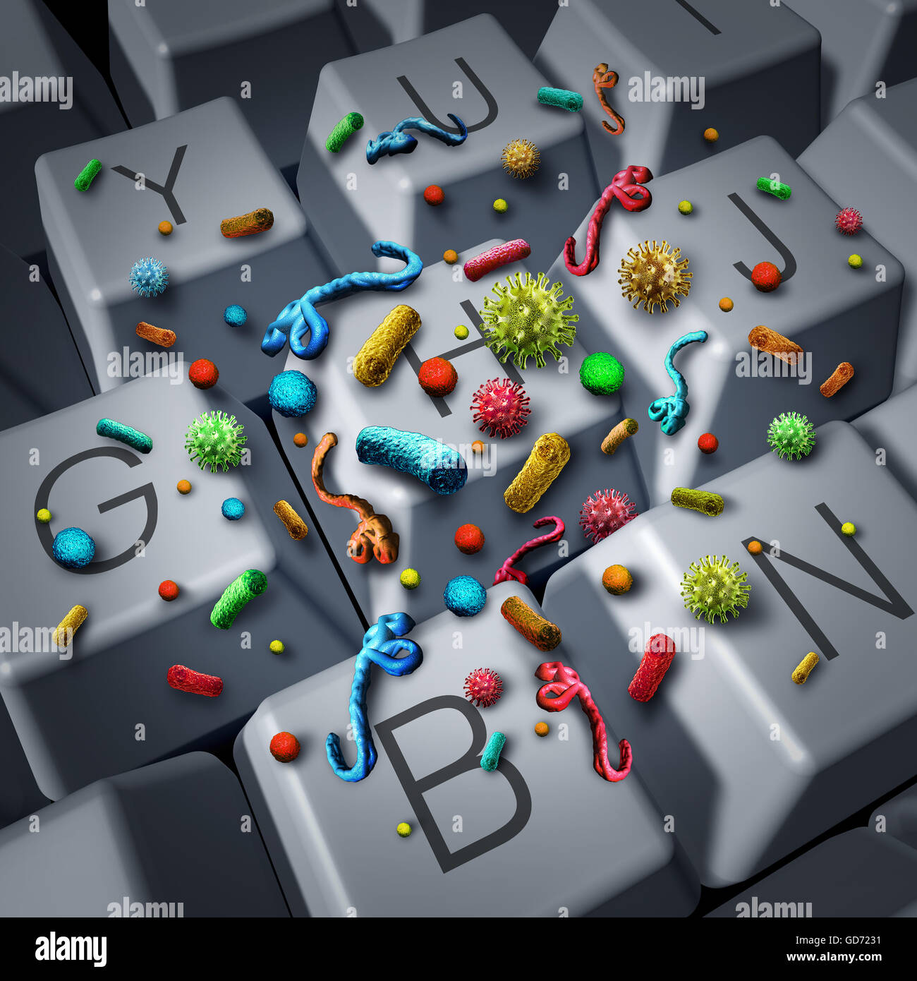 Dirty contaminated computer keyboard and bacteria or virus disease cells infecting a filthy desktop computer keys concept as a workplace health hazard or work hygiene and sanitation risk as a 3D illustration. Stock Photo