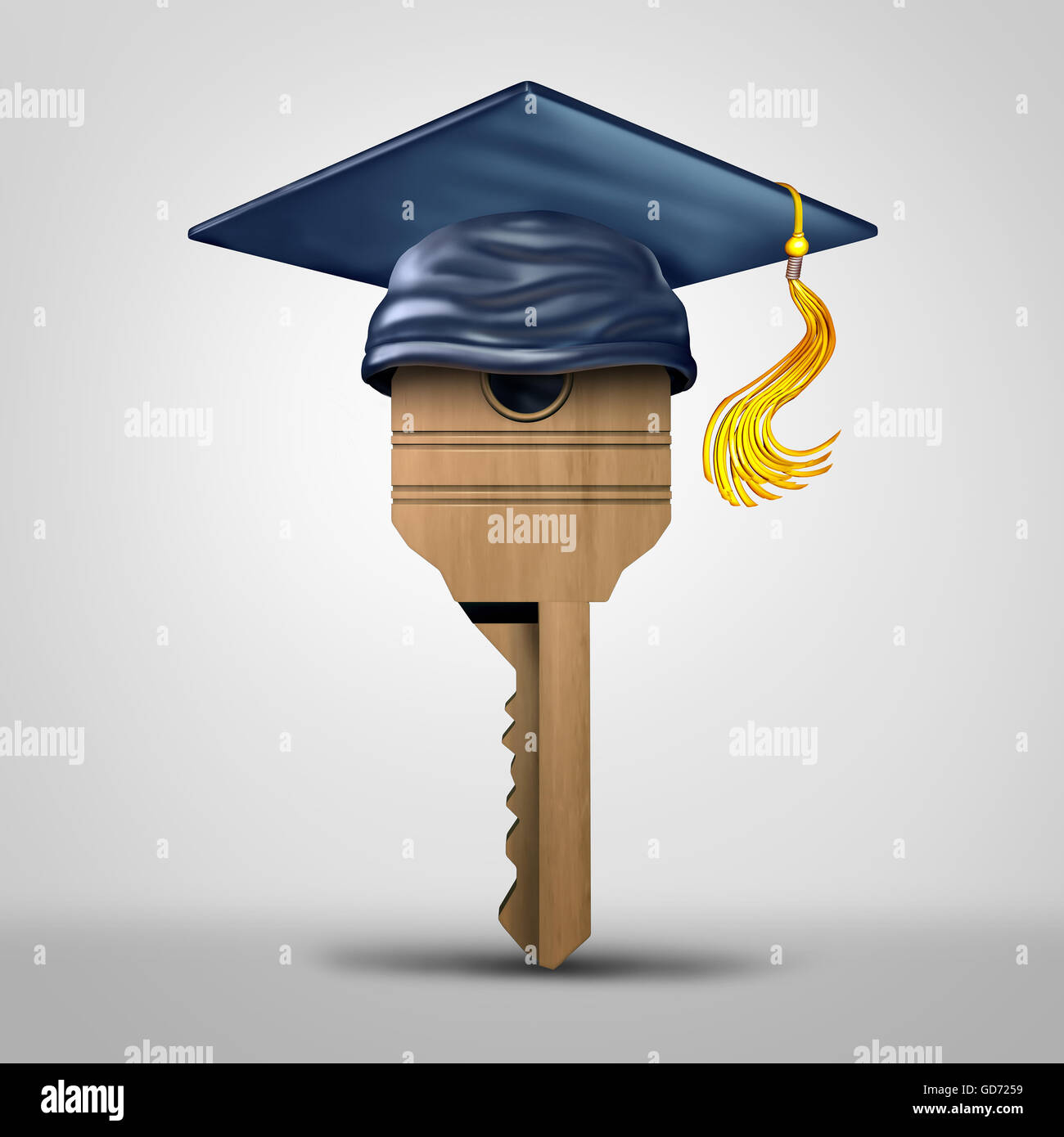 Education key symbol representing learning success or graduating student metaphor as a tool to open a lock object as a 3D illustration. Stock Photo