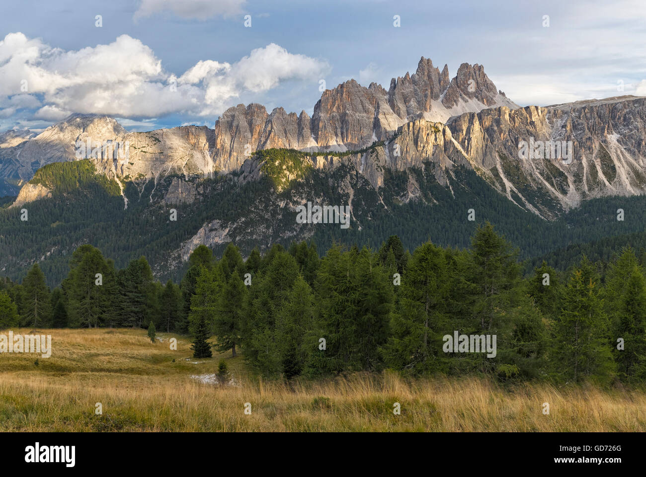 Croda da Lago & Lastoni di Formin mountain ranges seen from Rifugio Cinque Torri, Dolomites. Stock Photo