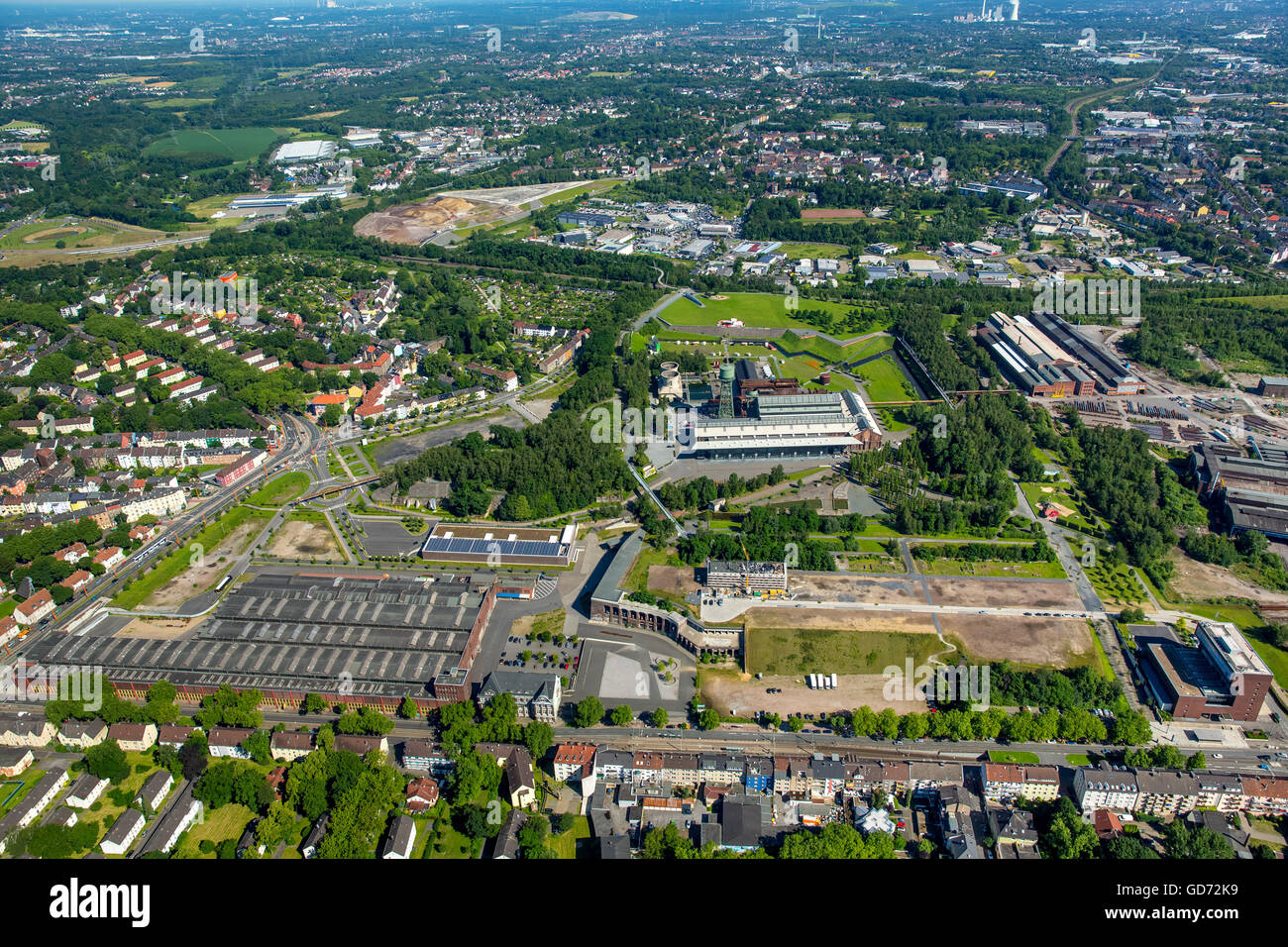 Aerial view, Centenary Hall and Westpark Bochum, new administrative center of the culture Ruhr Ltd., organizer of ruhrtriennale, Stock Photo