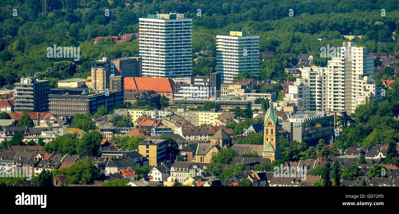 Aerial view, telephoto view of downtown Gelsenkirchen Maritim Hotel, view from Bismarck downtown, town garden residence, Rathaus Stock Photo
