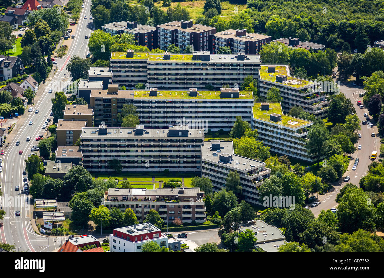 Aerial view, Condominium Strippchens Hof, condominiums, apartments, Mülheim an der Ruhr, Ruhr area, North Rhine Westphalia, Stock Photo