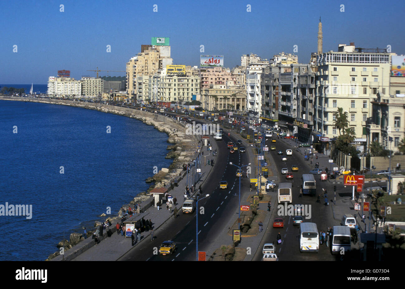 the coast at the al corniche road in the city of Alexandria on the Mediterranean sea in Egypt in north africa Stock Photo
