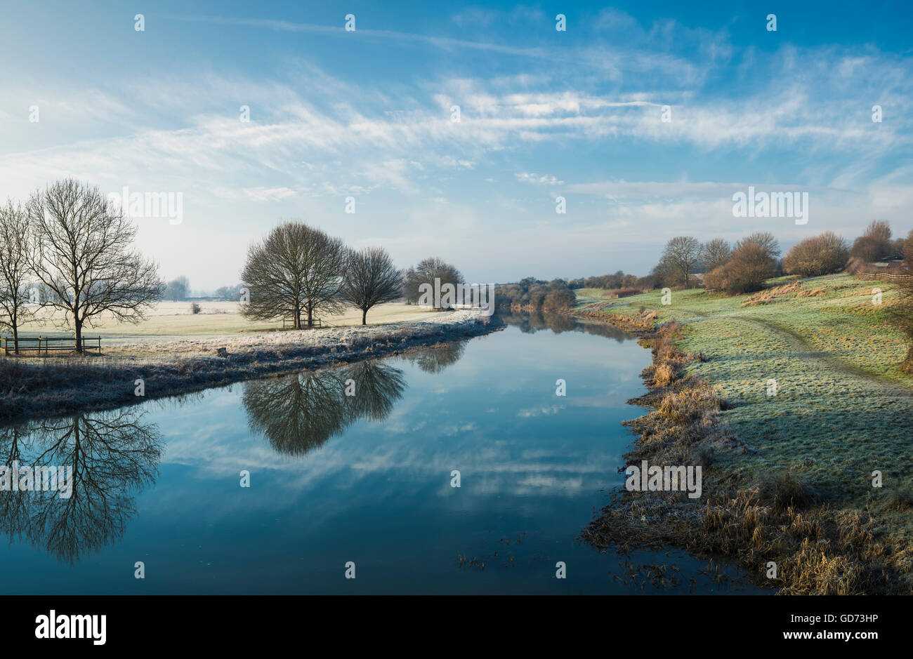 The River Nene on an icy cold January day, Peterborough, Cambridgeshire, England Stock Photo