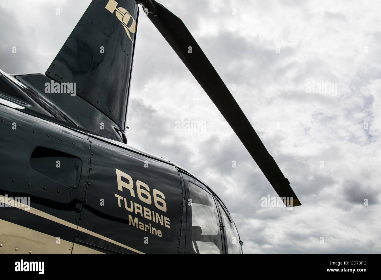 Detail of the rotors and hub of a Robinson R66 Turbine Marine helicopter. Stock Photo