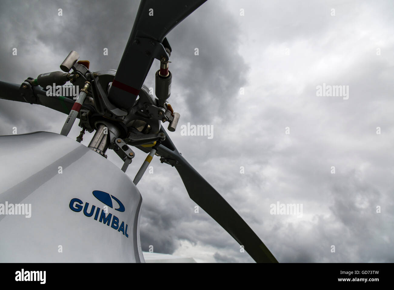 Detail showing rotor hub and rotors of a Guimbal  Cabri G2 helicopter. Stock Photo
