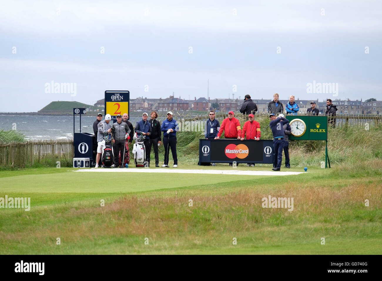 Padraig Harrington tees off on the second hole of Royal Troon during practice for the 2016 Open Golf Championship. Stock Photo