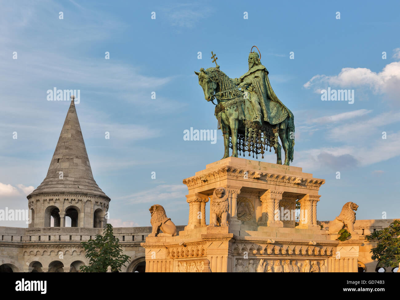 Statue of Saint Stephen I - the first king of Hungary in front of Fisherman's Bastion at Buda Castle in Budapest, Hungary. Stock Photo