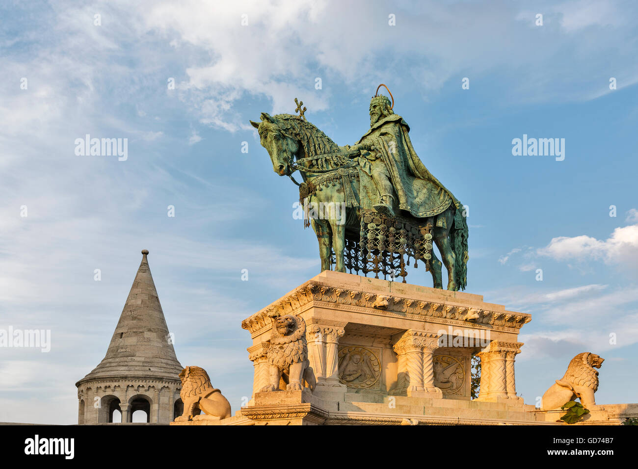 Statue of Saint Stephen I the first king of Hungary in front of