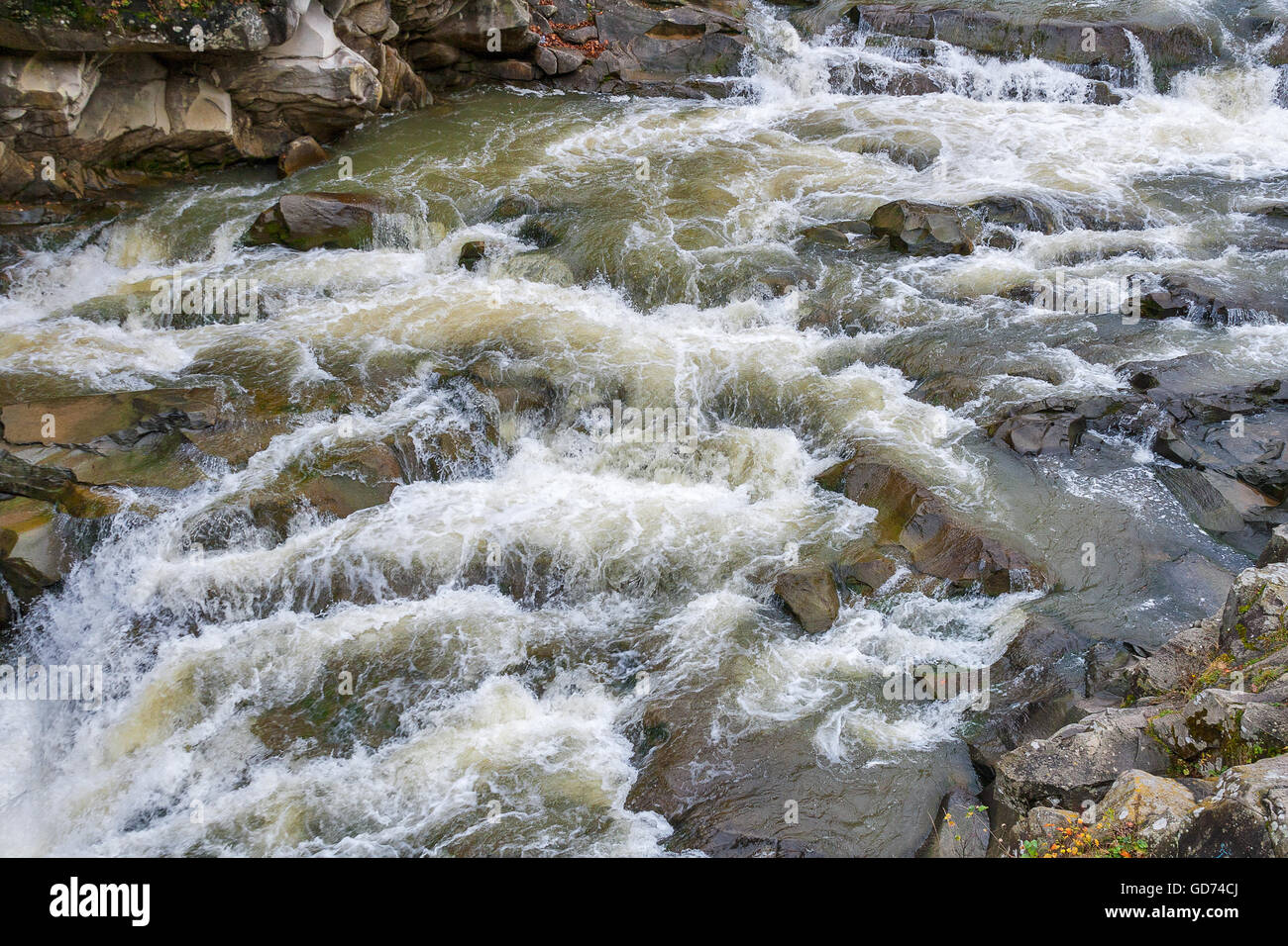 Carpathians mountains and river Prut in autumn, Ukraine. Stock Photo