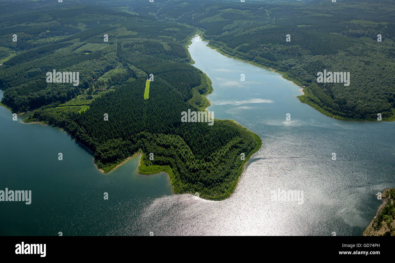 Aerial view, Wehebach dam with water reflections, Hürtgenwald, Rhineland, North Rhine Westphalia, Germany, Europe, Aerial view, Stock Photo