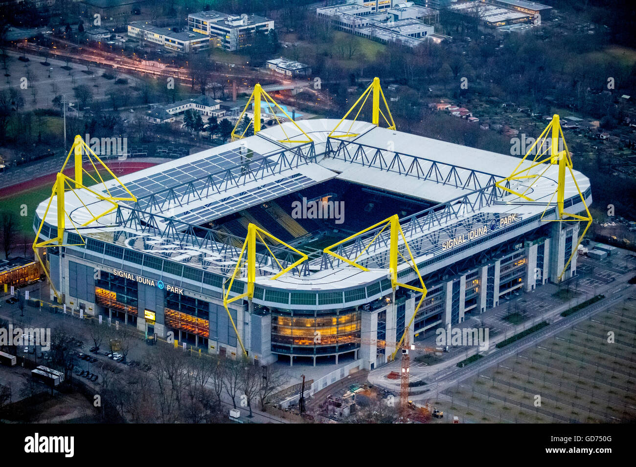 Aerial view, night shots from Westfalenstadion stadium SignalIdunaPark, Signal Iduna Park, Aerial view of Dortmund, Ruhr area, Stock Photo