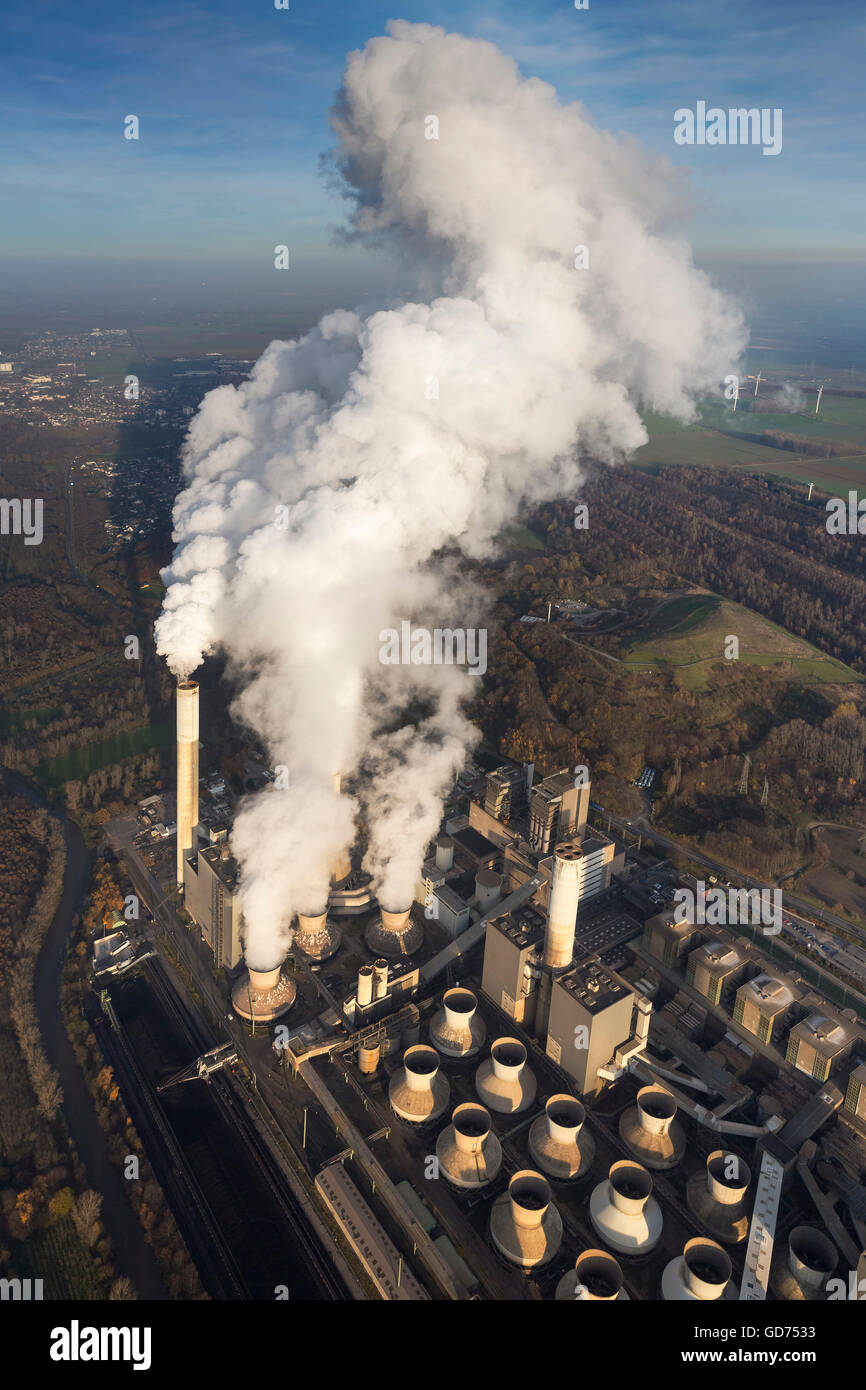 Aerial view, lignite fired power plant, smoke, steam, fossil fuels, energy production, aerial view of Grevenbroich, Lower Rhine, Stock Photo