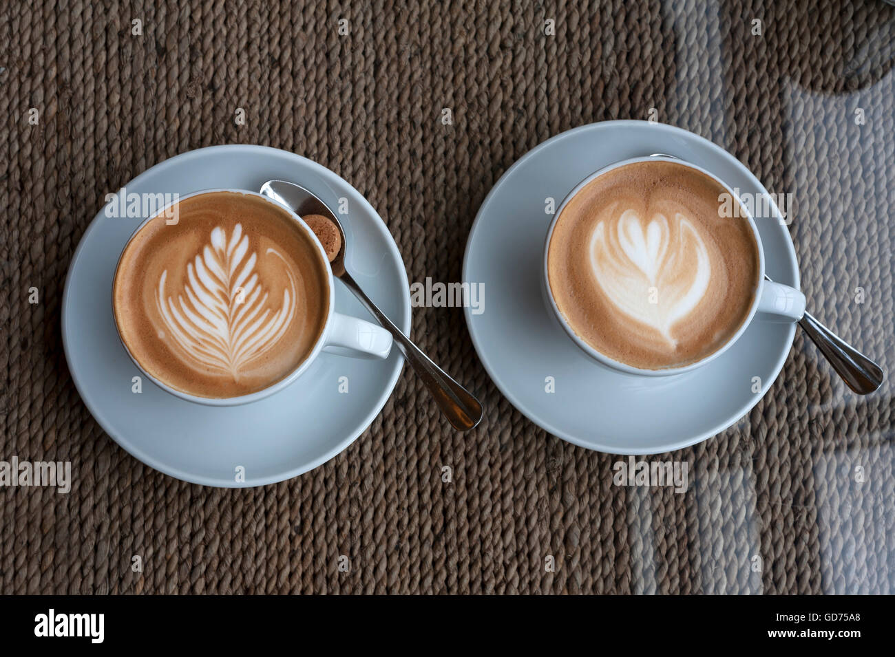 Two cups of cappuccino with milk froth, Bavaria, Germany Stock Photo