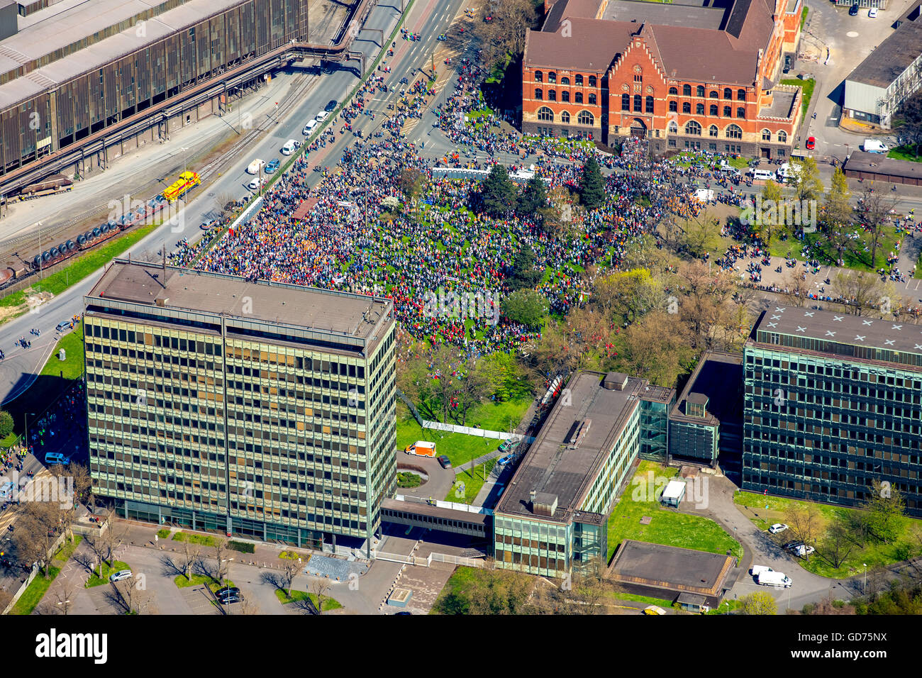 Aerial view, workers of IG Metall, ThyssenKrupp Headquaters, Duisburg-Bruckhausen, Duisburg, Ruhr district Stock Photo