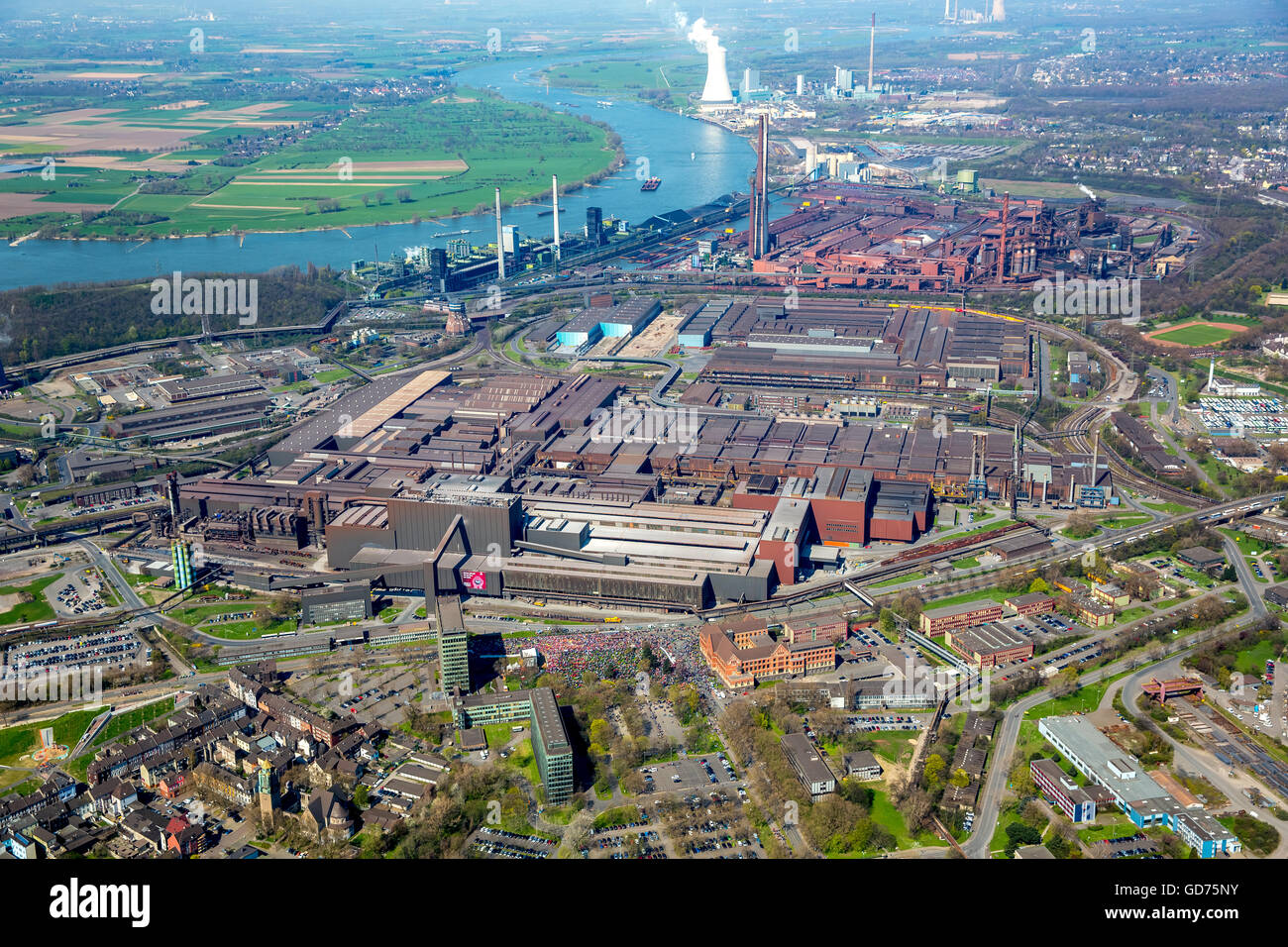Aerial view, workers of IG Metall, ThyssenKrupp Headquaters, Duisburg-Bruckhausen, Duisburg, Ruhr district Stock Photo