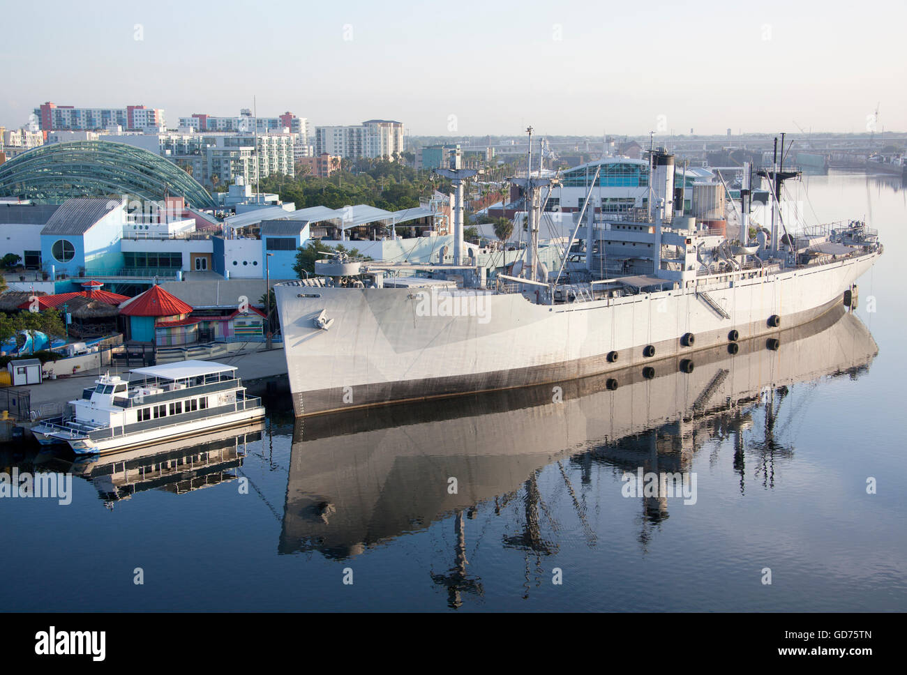 Calm morning view of a military ship docked in Tampa (Florida). Stock Photo