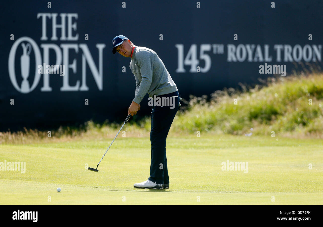USA's Jordan Spieth on the 18th during the practice day at Royal Troon Golf Club, South Ayrshire. Stock Photo