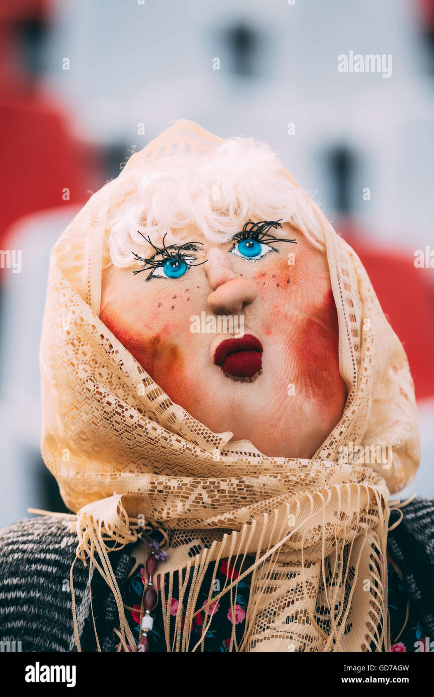 Attribute of traditional folk celebration of Maslenitsa - effigy out of straw,decorated with pieces of rags. Maslenitsa effigy i Stock Photo