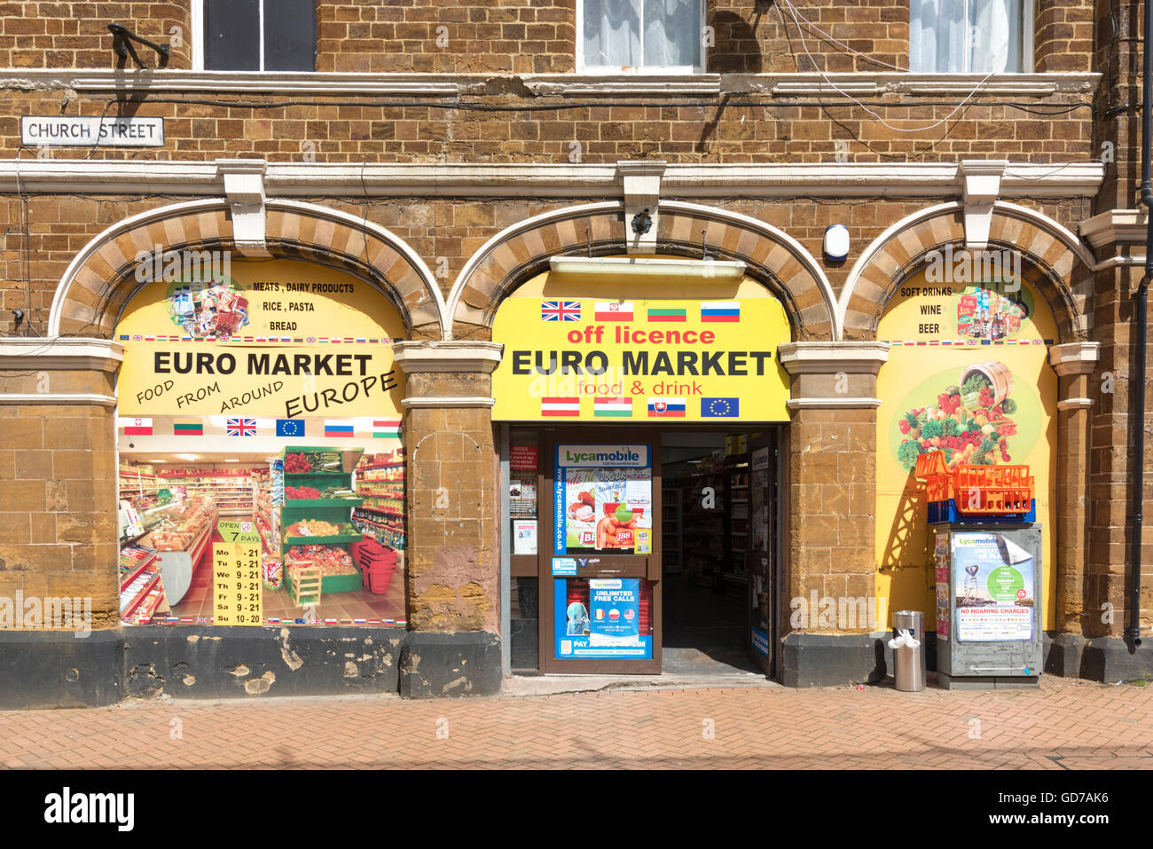 A Euro market European food shop and off licence in Wellingborough Northamptonshire UK Stock Photo