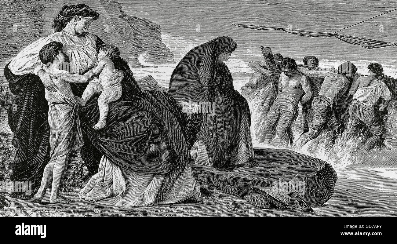 Greek mythology. The sorceress Medea prepares the departure of the expedition of the Argonauts after Jason seize the golden fleece. Engraving after Anselm Feuerbach painting. 'The Illustrated Universe', 1882. Stock Photo